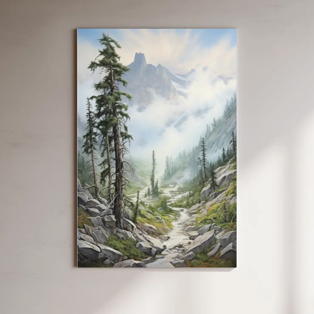 Painting of a trail leading into a foggy alpine scene