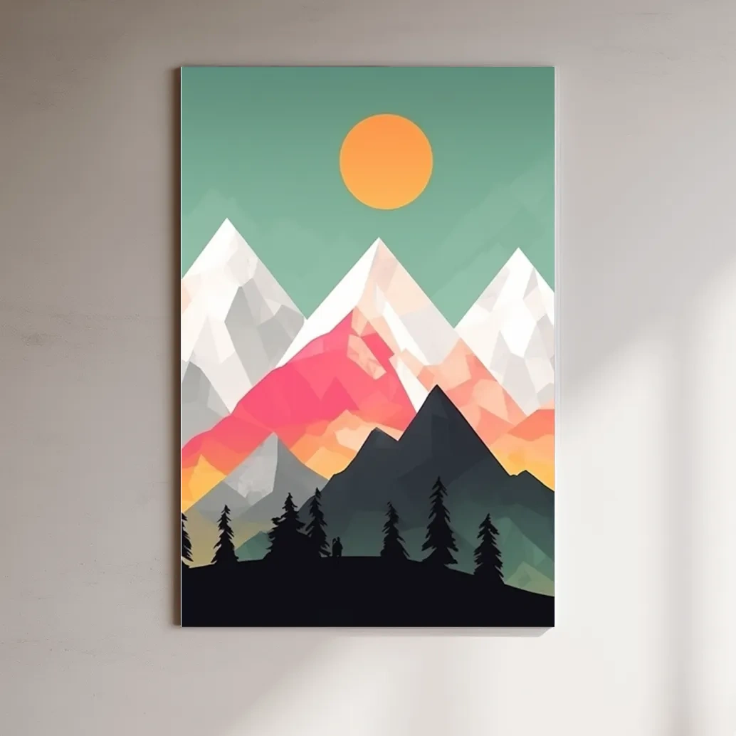 Simple flat colour 2d mountain art, colourful mountain ranges