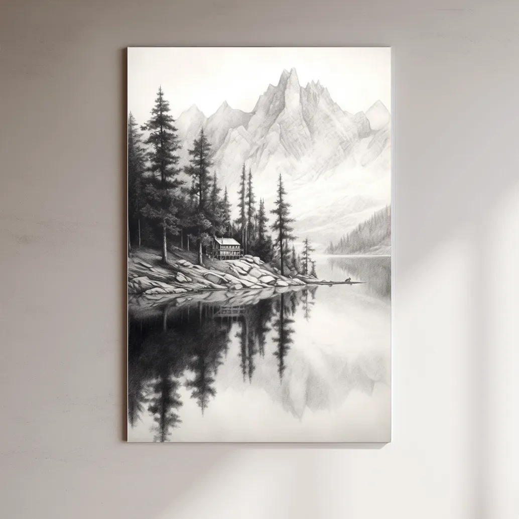 Lead pencil drawing of a cabin by an alpine lake