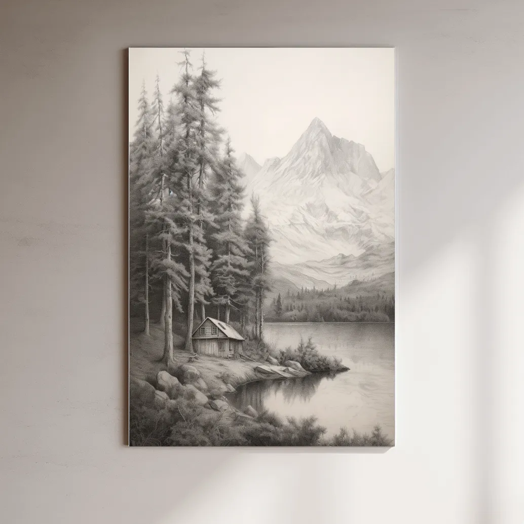 Lead pencil drawing of a cabin by an alpine lake