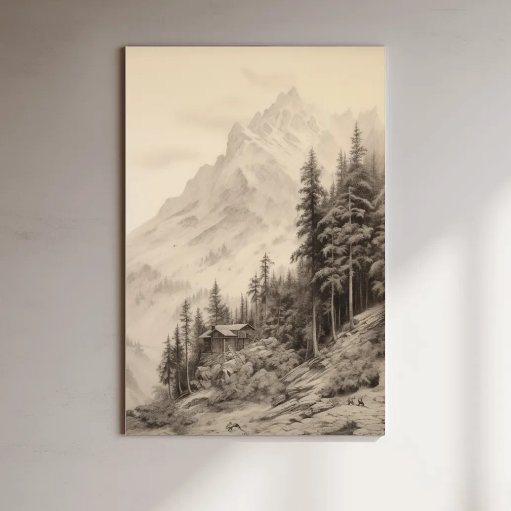 Lead pencil drawing of a cabin by a glacier