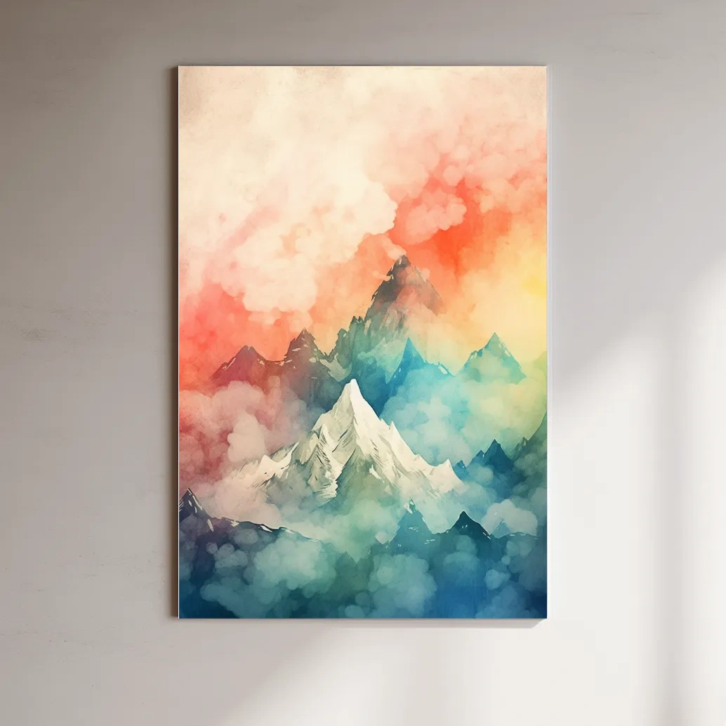Colourful watercolour painting of a mountain landscape