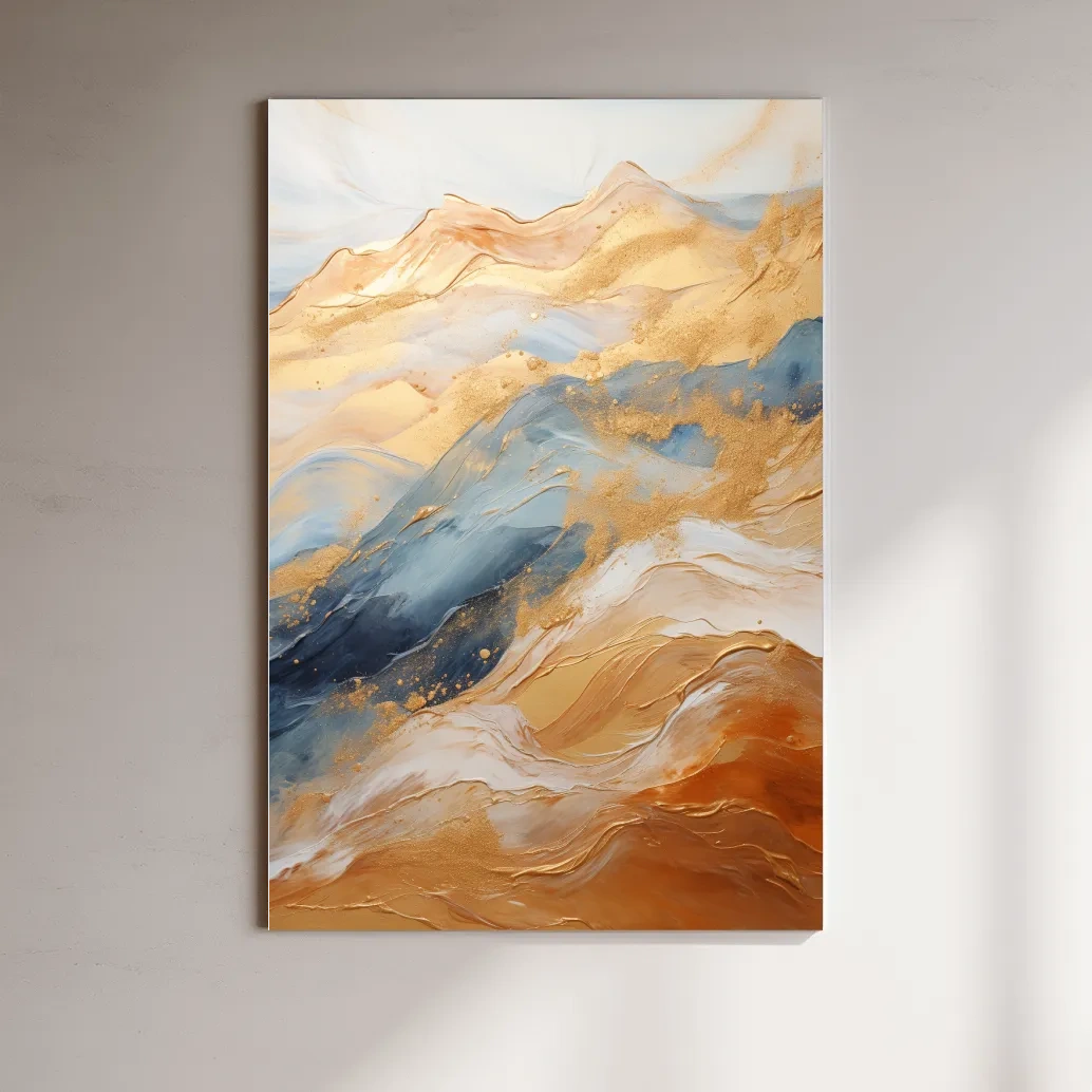 Abstract Gold And Blue Mountain Landscape - Modern Fluid Marble Wall Art
