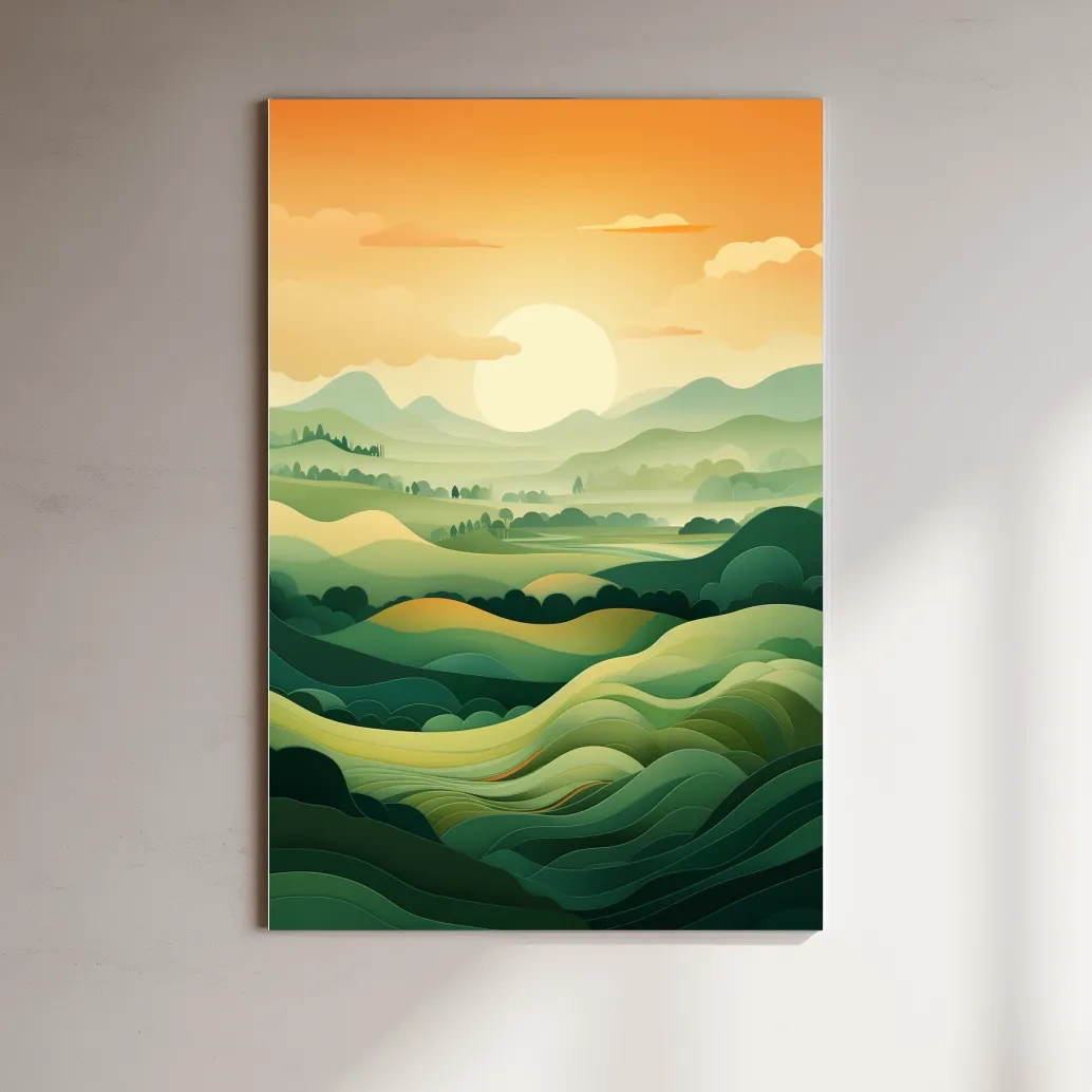 Illustration of rolling green hills at sunset