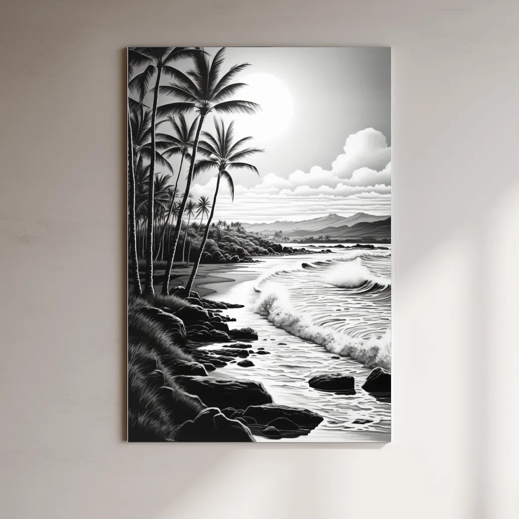 Black and white drawing of a tropical beach mountain scene