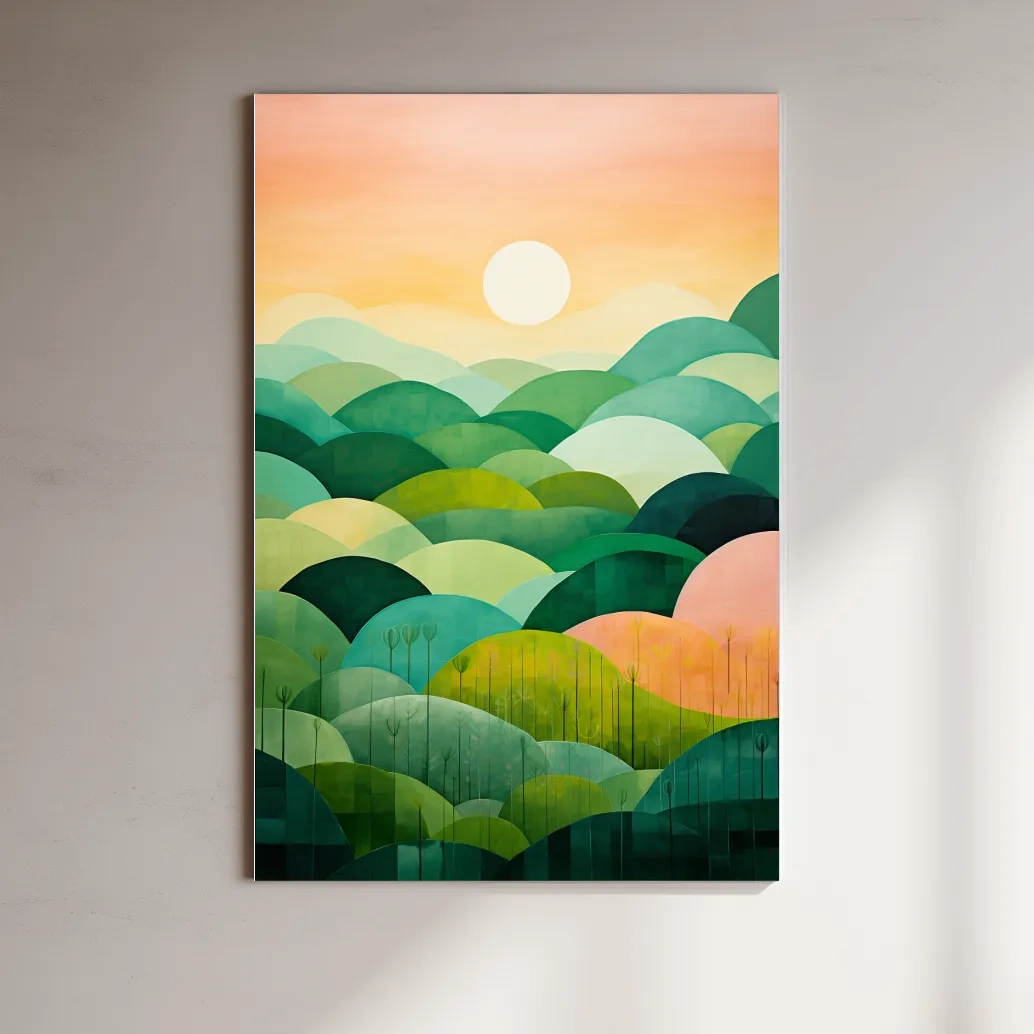 Rolling green abstract hills at sunset