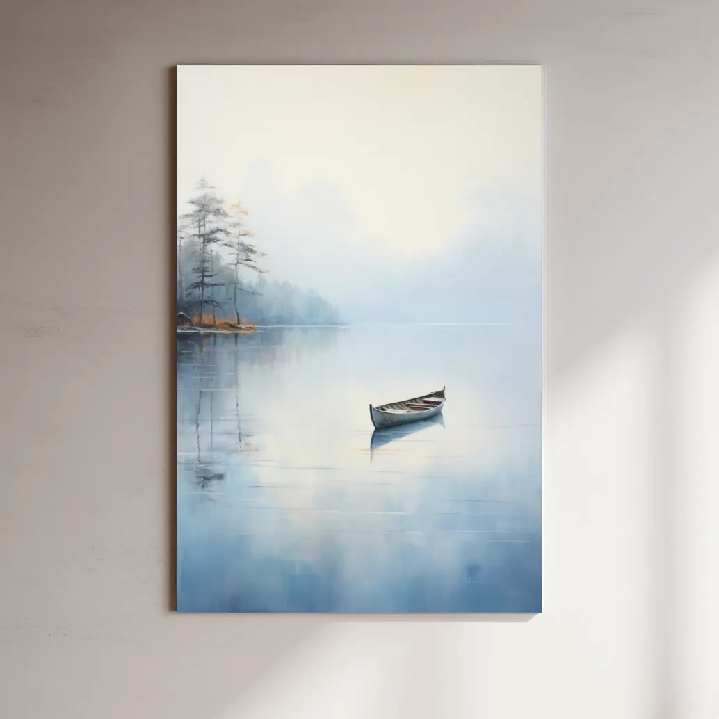 Watercolor painting, canoe on a misty lake