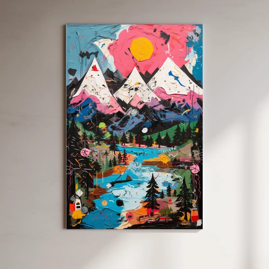 Vibrant Abstract Mountain Lake Sunset Painting - Colorful Modern Landscape Wall Art