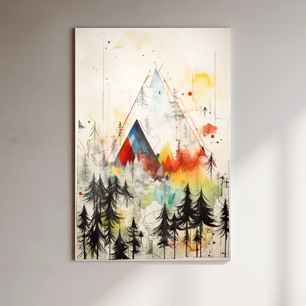 Simple low colour abstract painting, mountains and trees