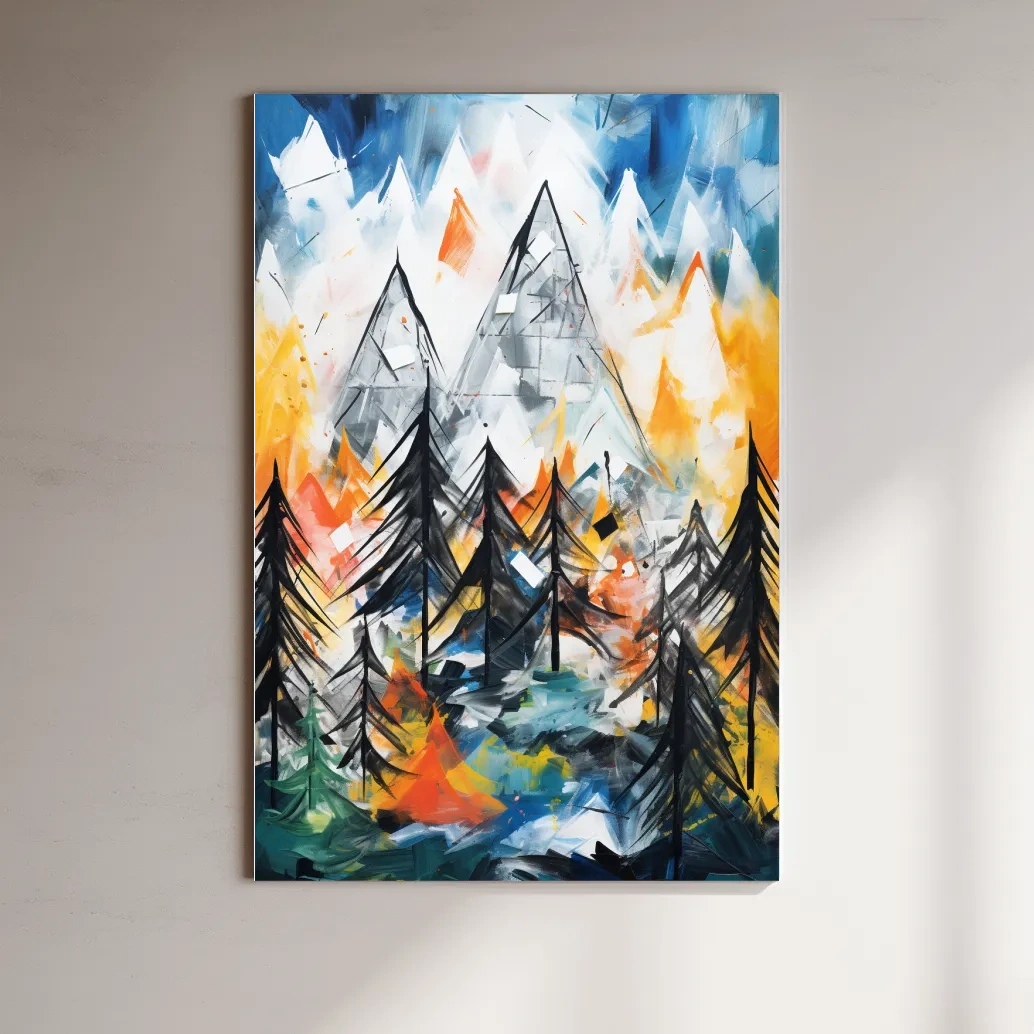Abstract Alpine Mountain Peaks Painting - Colorful Energetic Pine Forest Landscape Wall Art