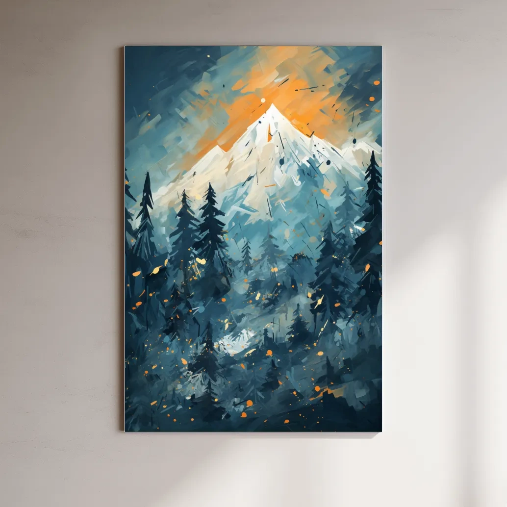 Abstract Snowy Mountain Peak Sunset - Moody Pine Forest Painting Wall Art
