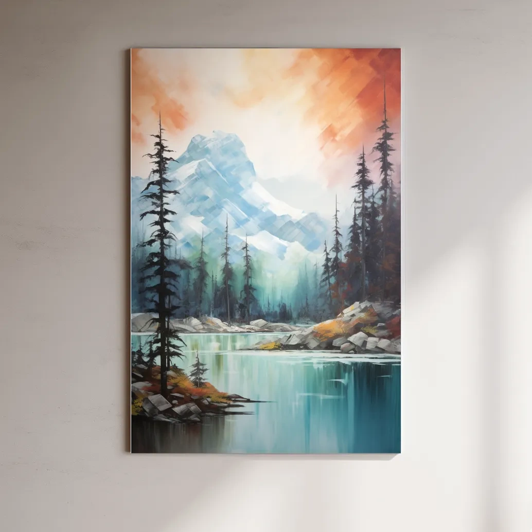 Beautiful mountain painting, turquoise lake in the alpine at sunset