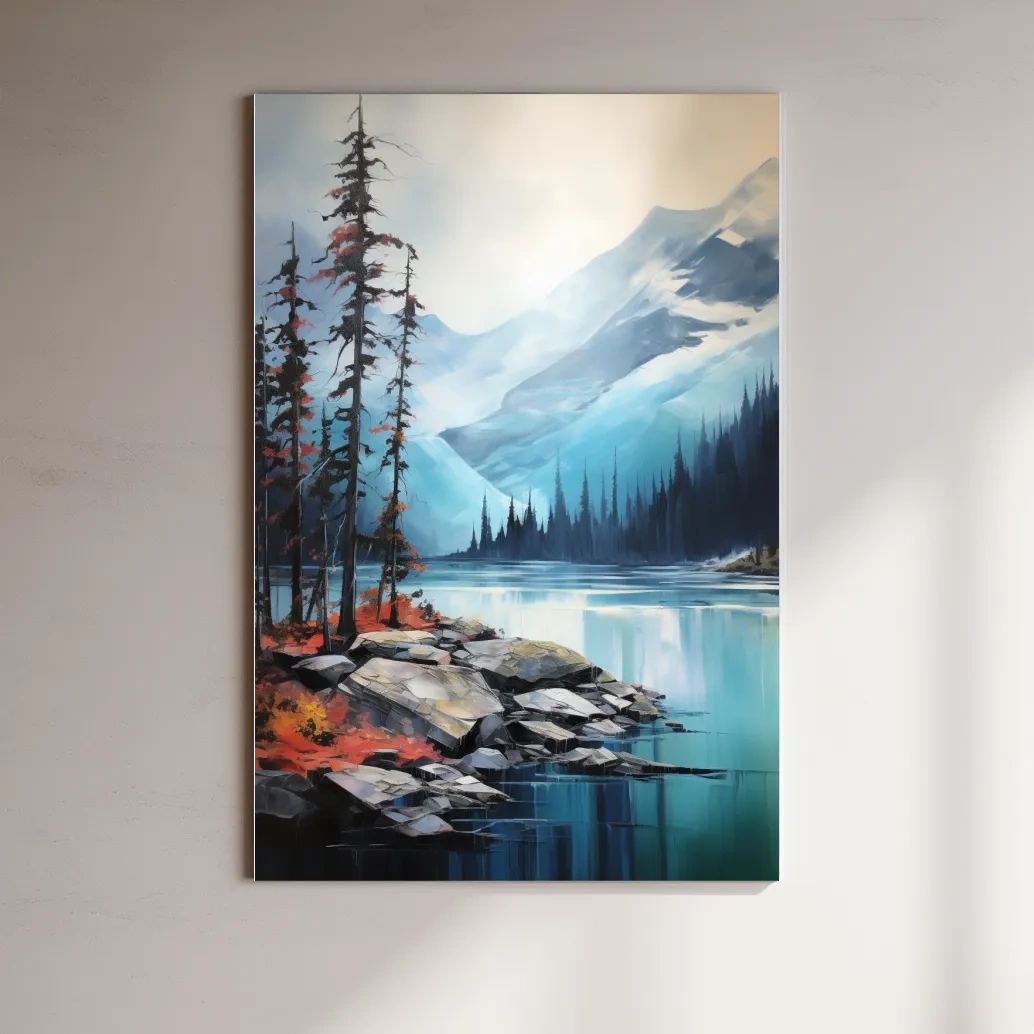 Serene painting, trees on a torquoise alpine lake