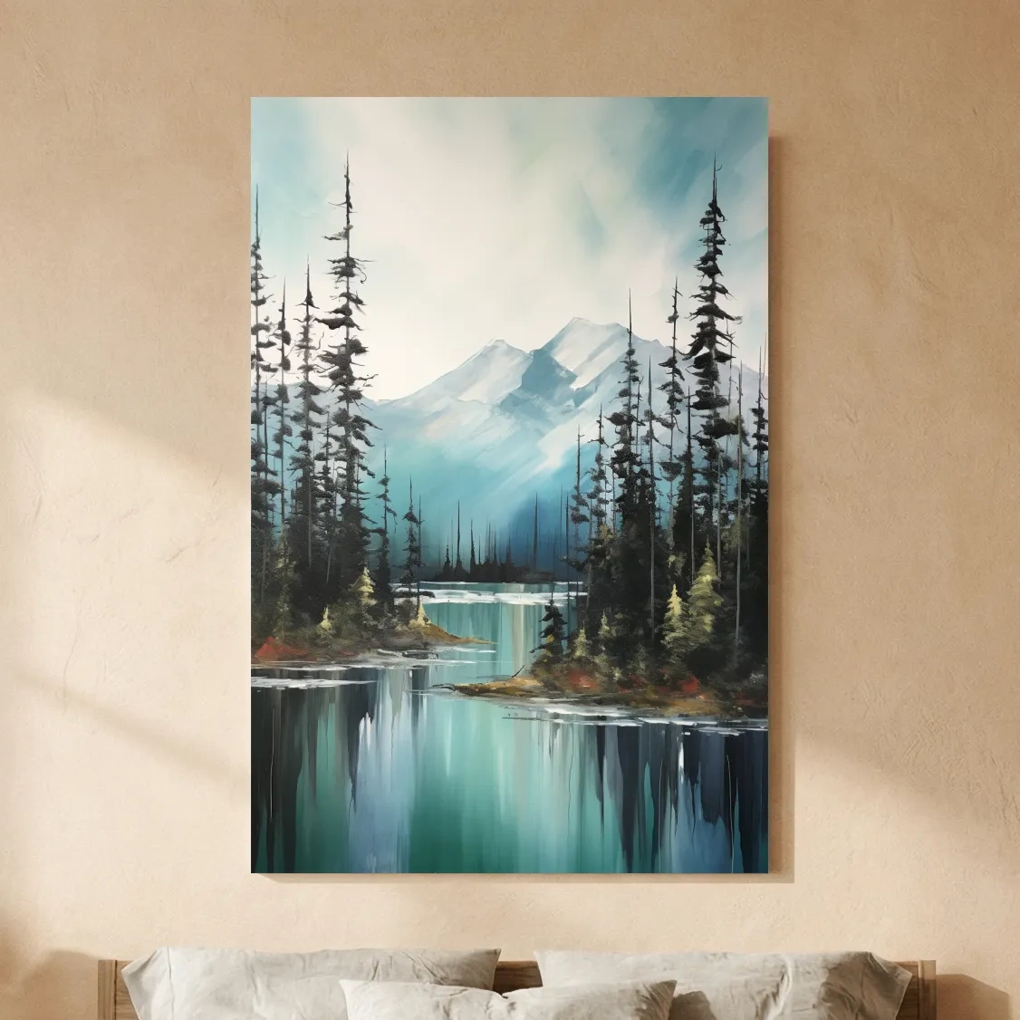 Alpine Turquoise Lake Watercolor Landscape - Serene Pine Forest Nature Wall Art