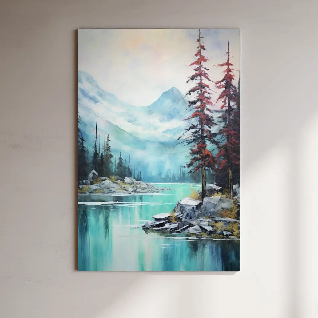 Mountain scenery painting, a turquoise alpine lake