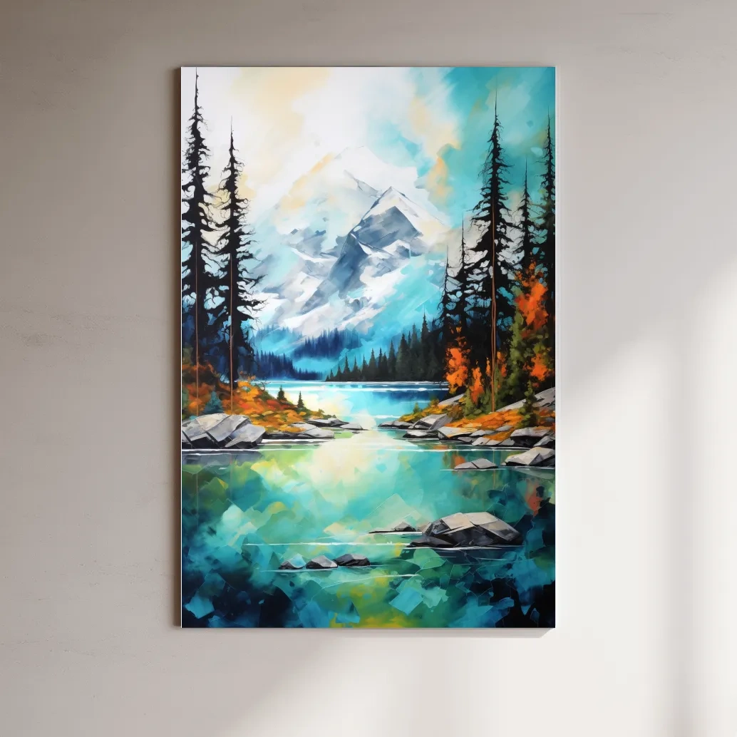 Torquoise alpine lake painting in the fall