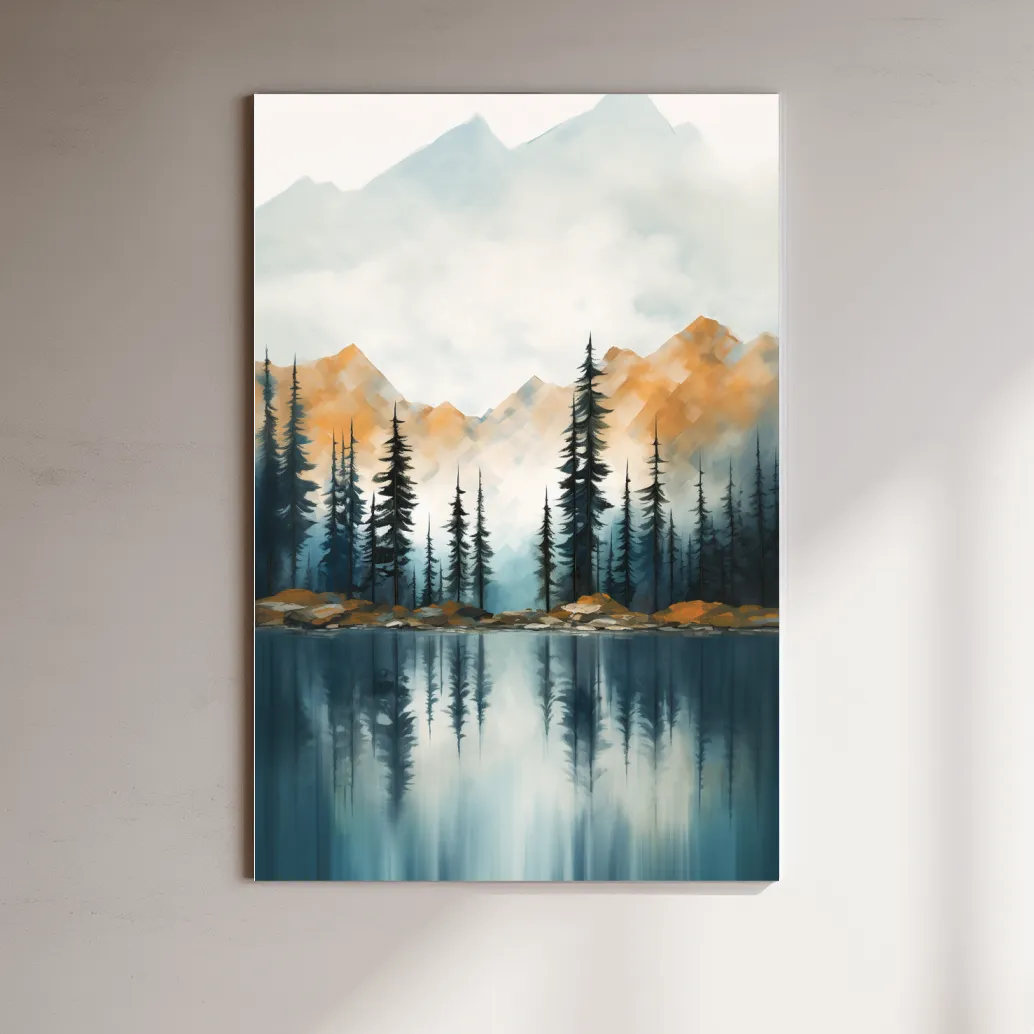 Trees on a beautiful alpine lake, mountain scenery painting