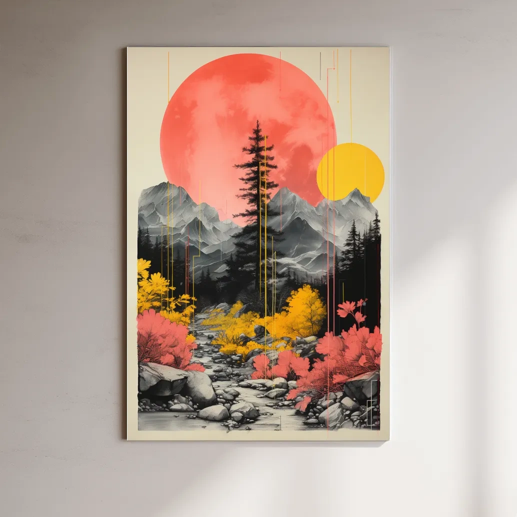 Pink and yellow contrasting artwork, alpine mountain scene
