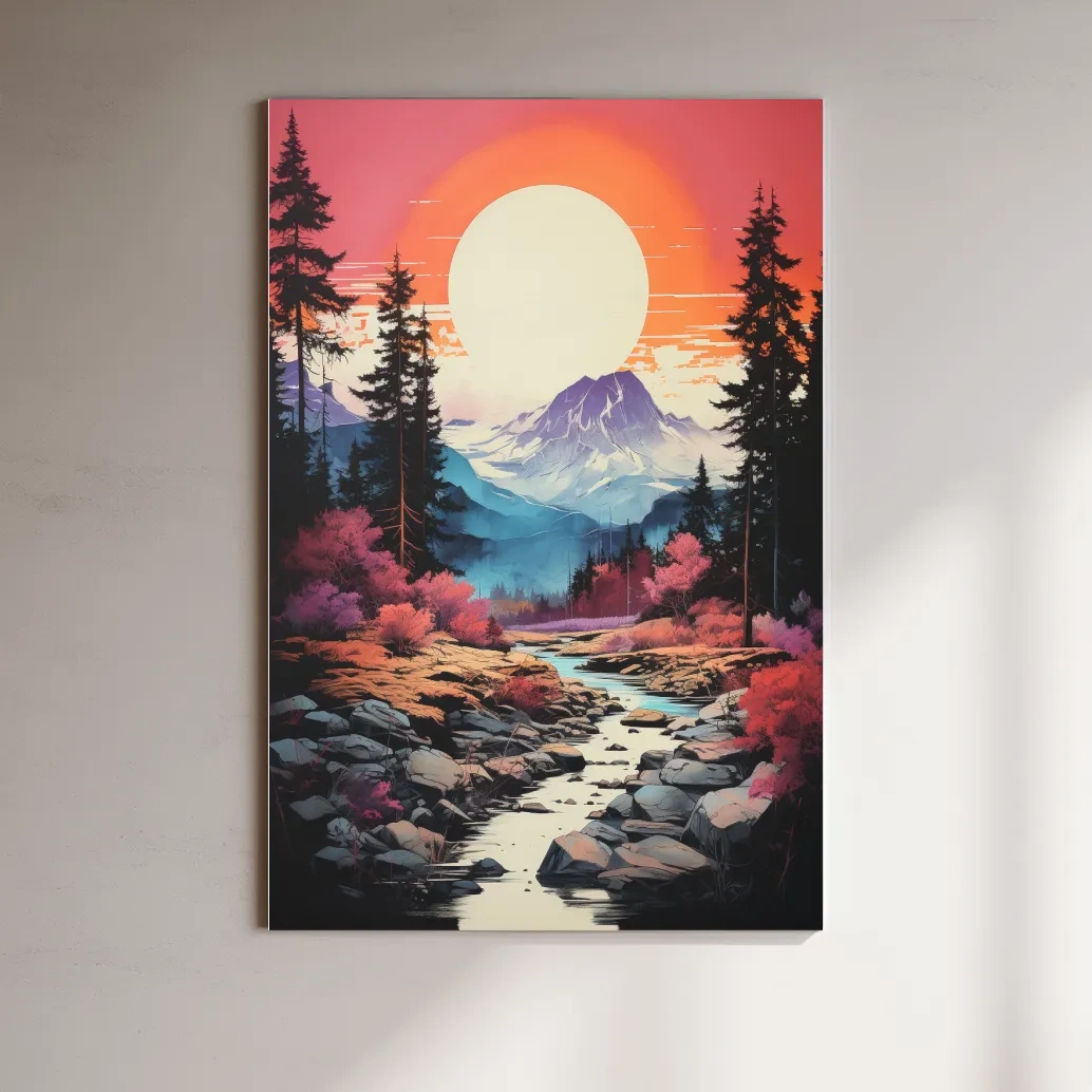 Colorful alpine scene at sunset, illustration
