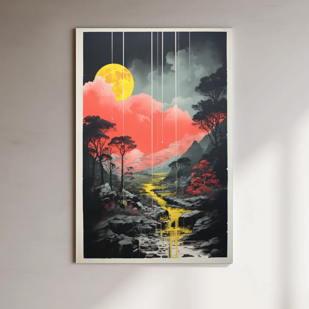 Surreal Moonlit Mountain River Landscape - Fantasy Nature Wall Art