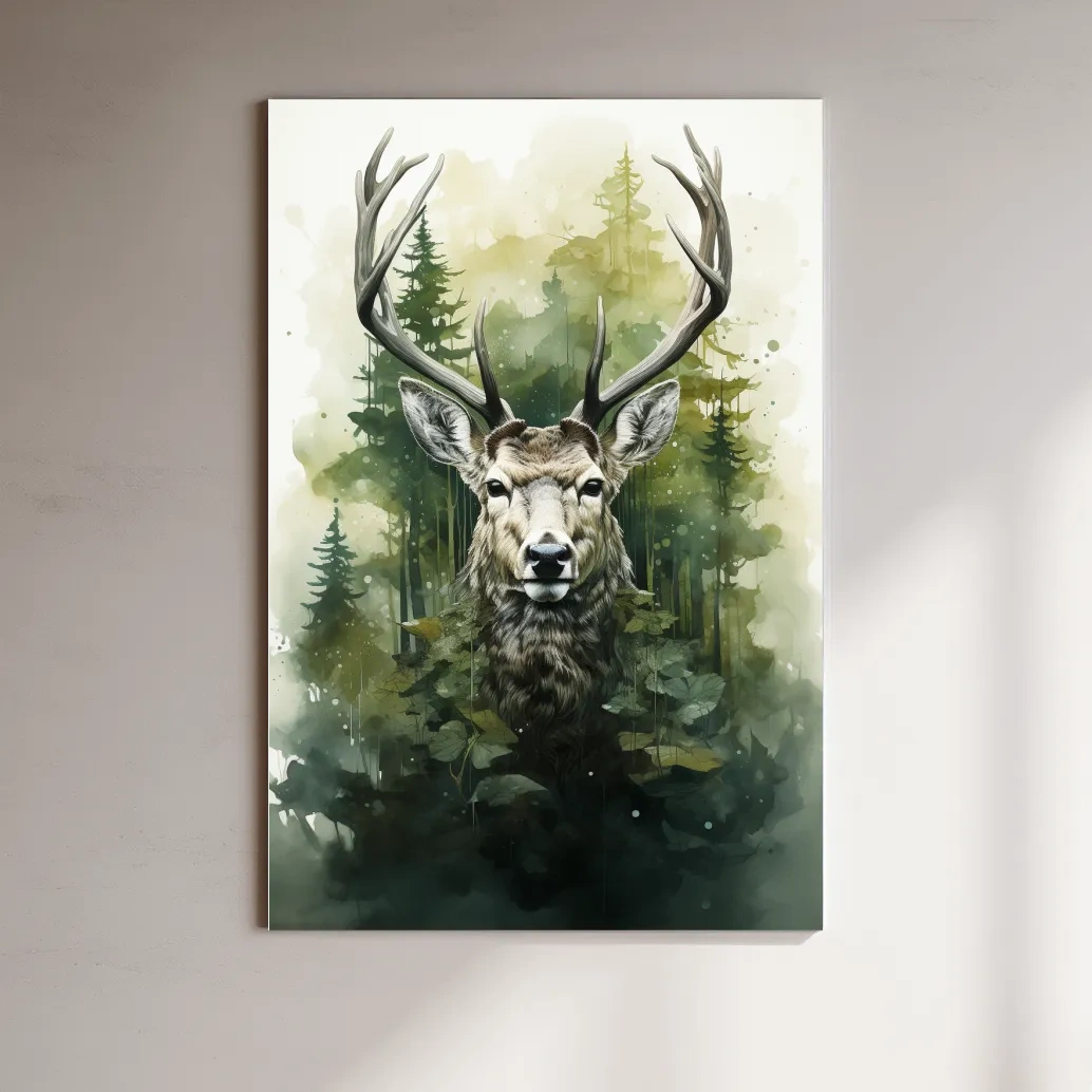 Watercolour painting, deer head in the foliage