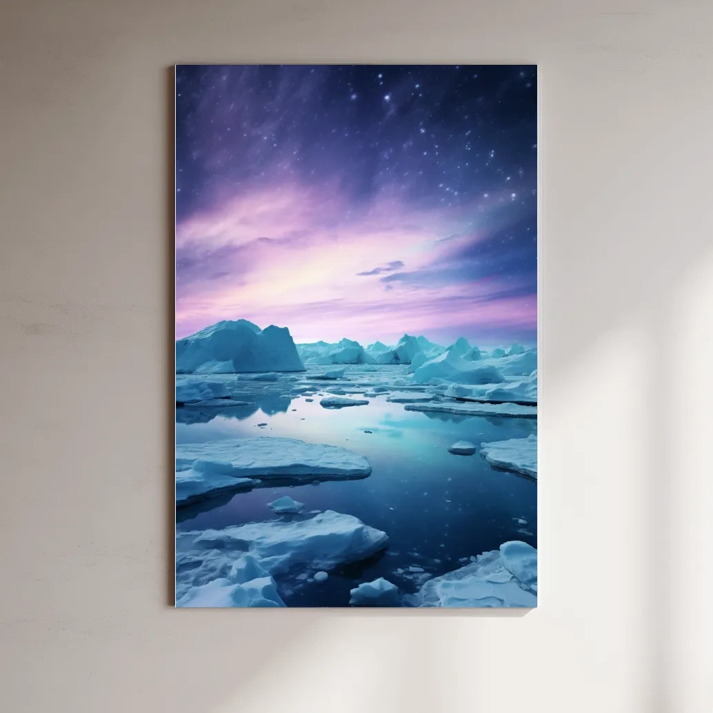 Surreal photography, purple northern lights over the arctic ice