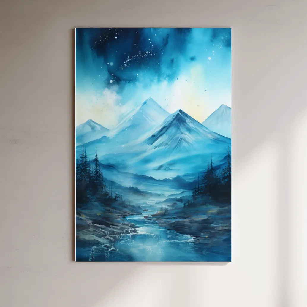 Watercolor painting, mountains under the stars