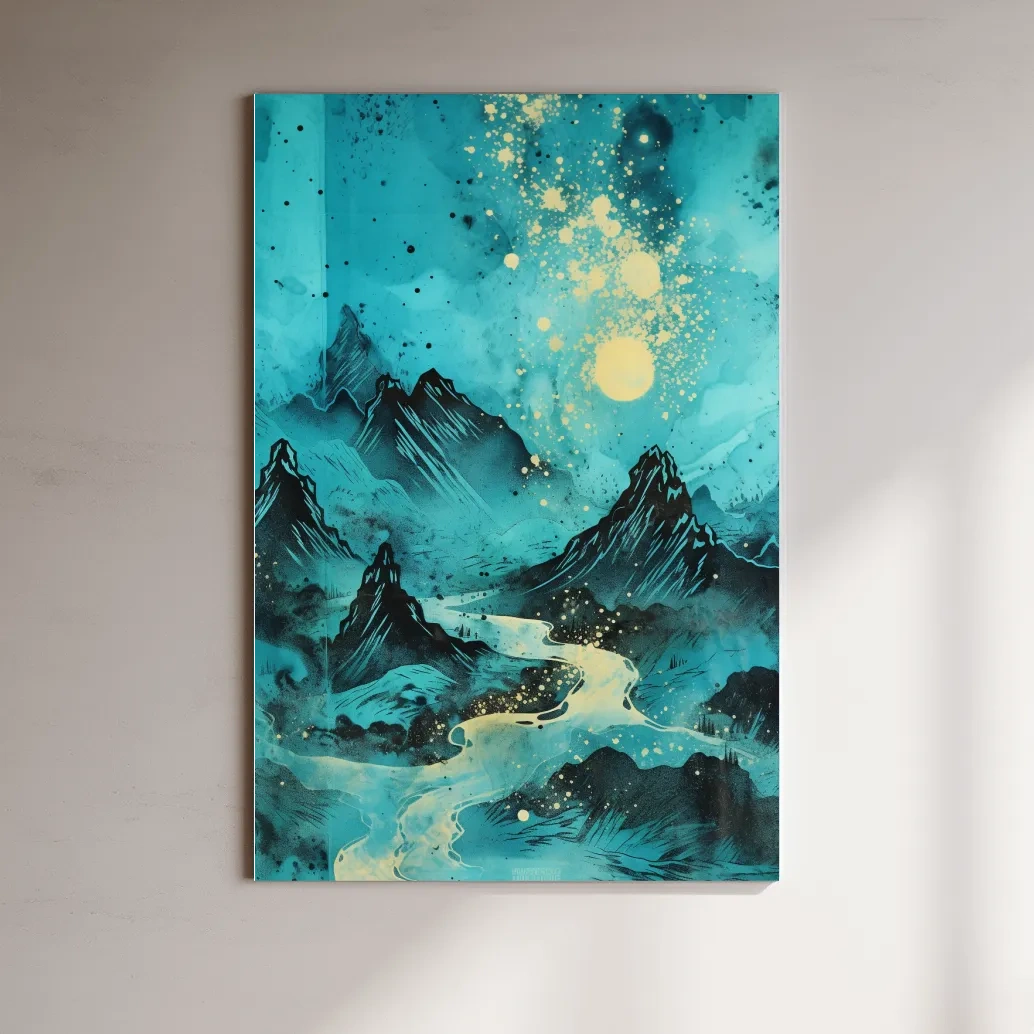 Abstract painting of a river through the mountains