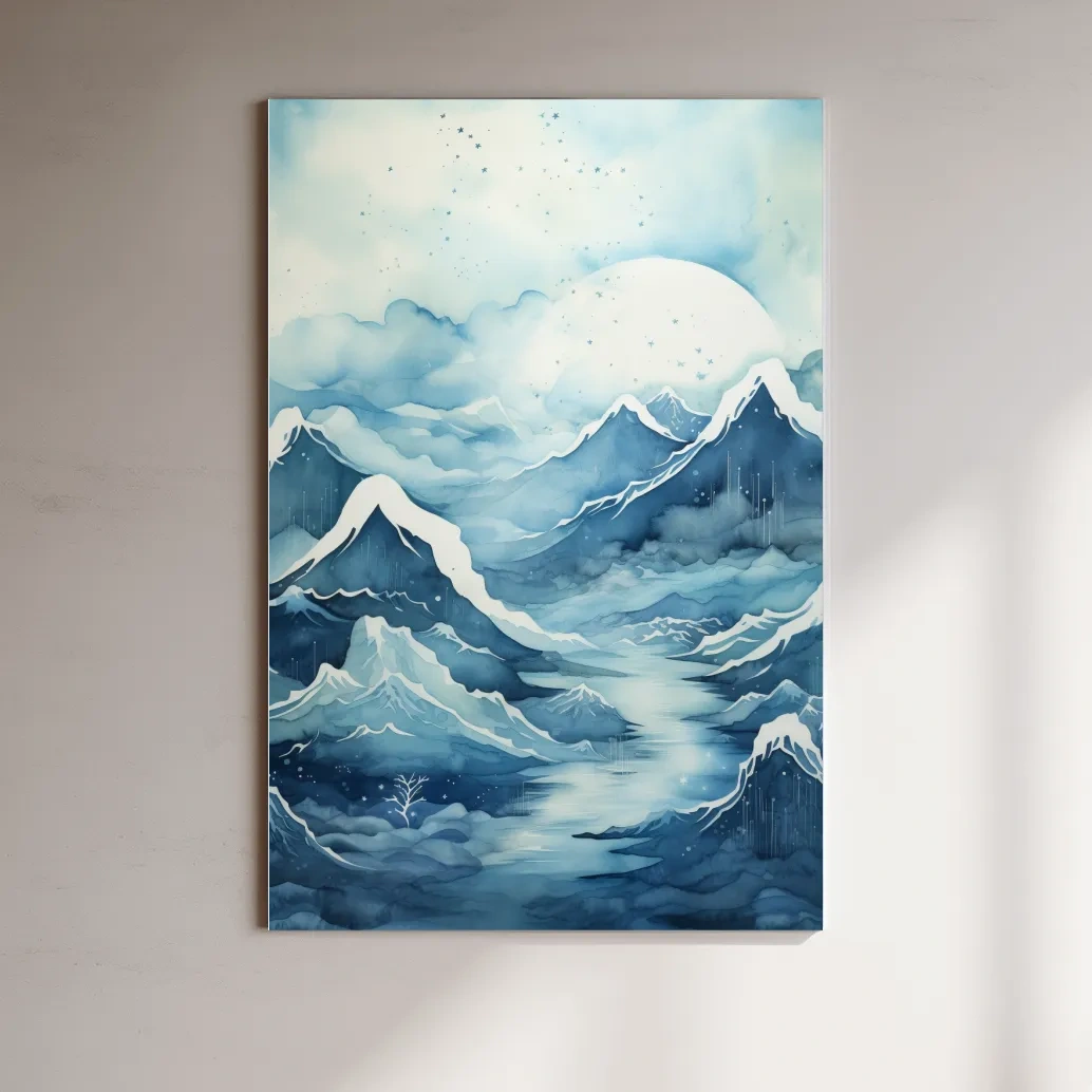 Watercolour painting, subtle blue snowy mountain peaks