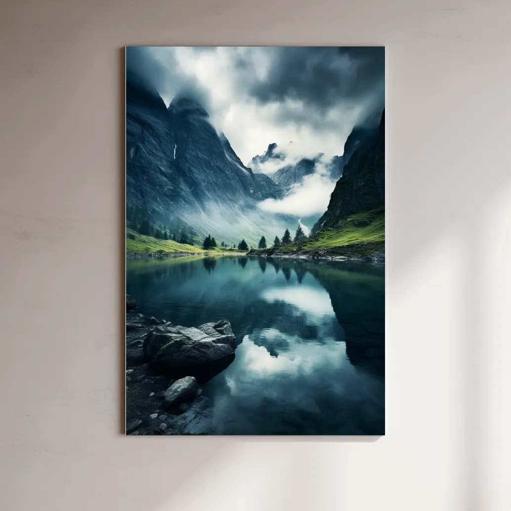 Moody Misty Alpine Lake Reflection - Dramatic Photographic Mountain Wall Art