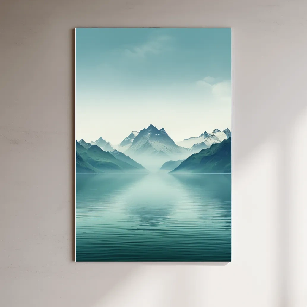 Soft, minimal art, mountains by a lake