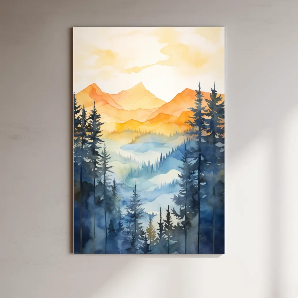 Simple watercolor art painting of alpine mountain scenery