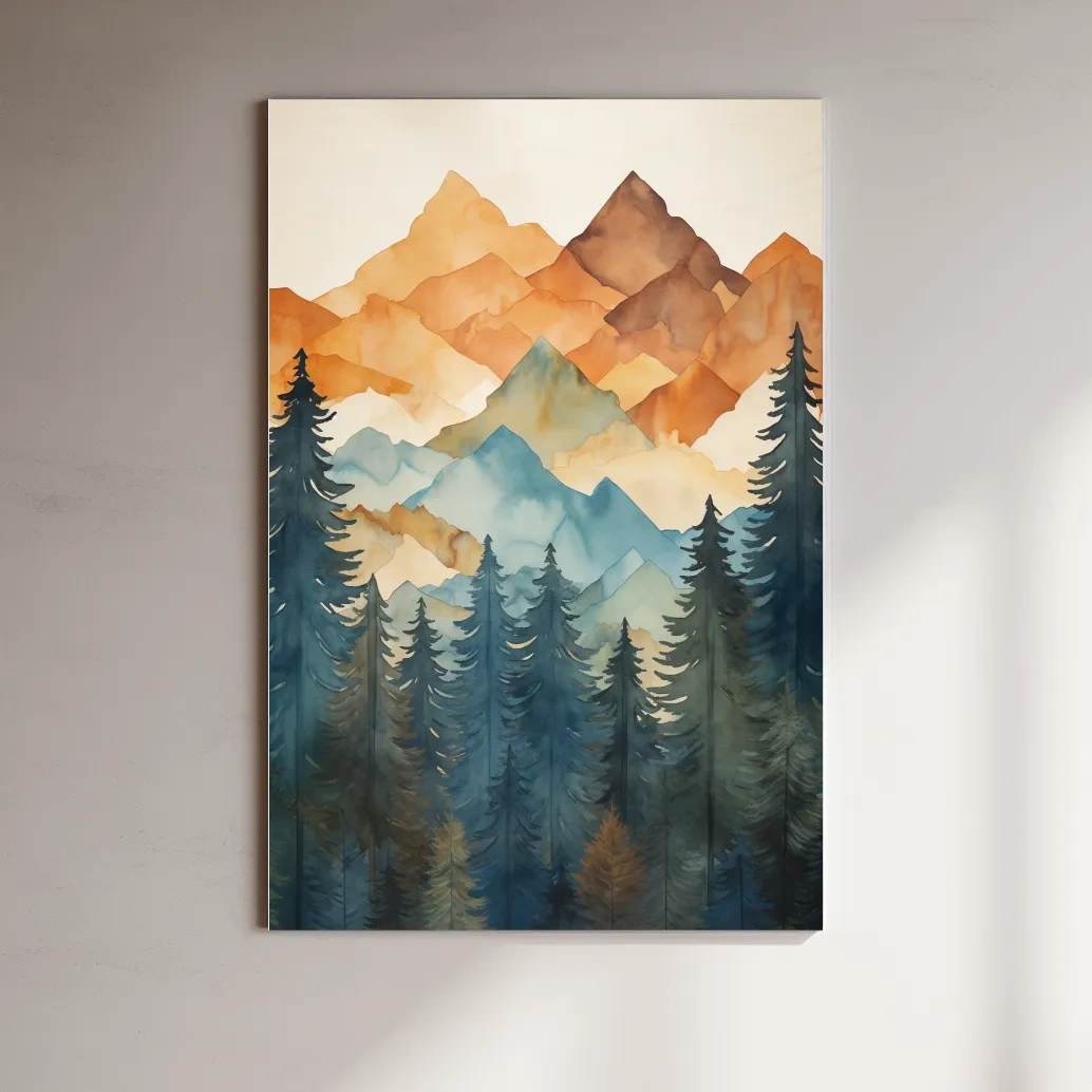 Simple watercolor painting of mountains and trees