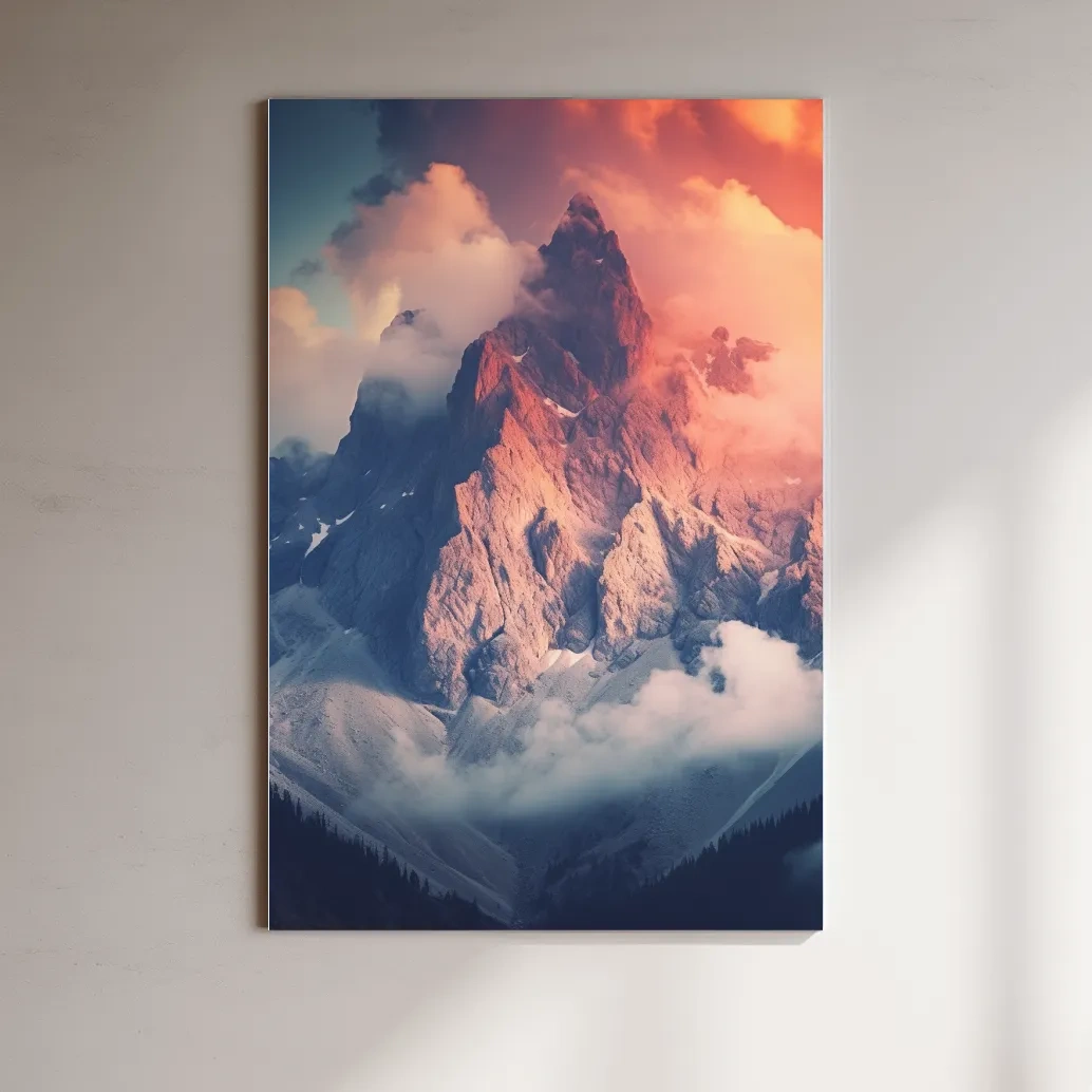 Dramatic mountain peak in colorful clouds, photographic art