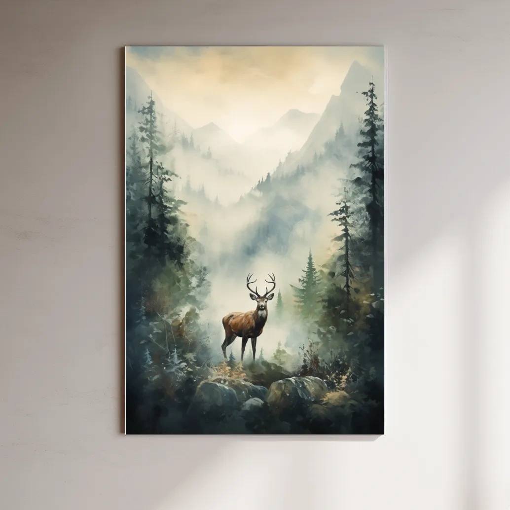Watercolour painting of a deer standing in a misty forest