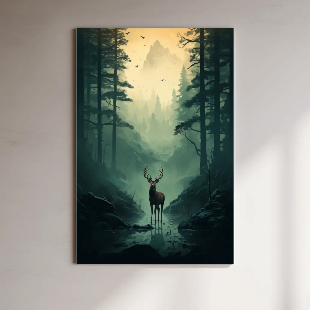 Moody Misty Forest Deer Stag Landscape - Atmospheric Wildlife Mountain Wall Art