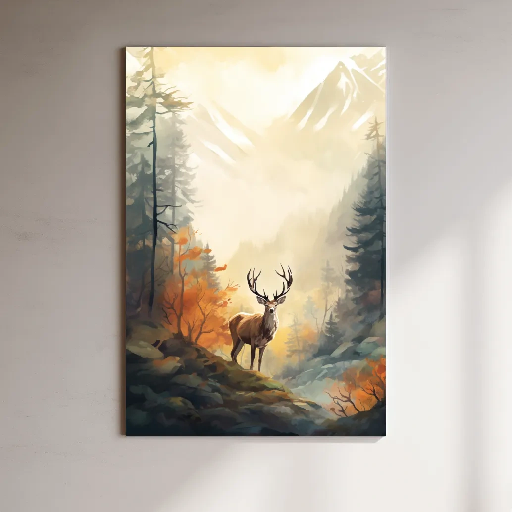 Painting of a deer standing in an autumn forest
