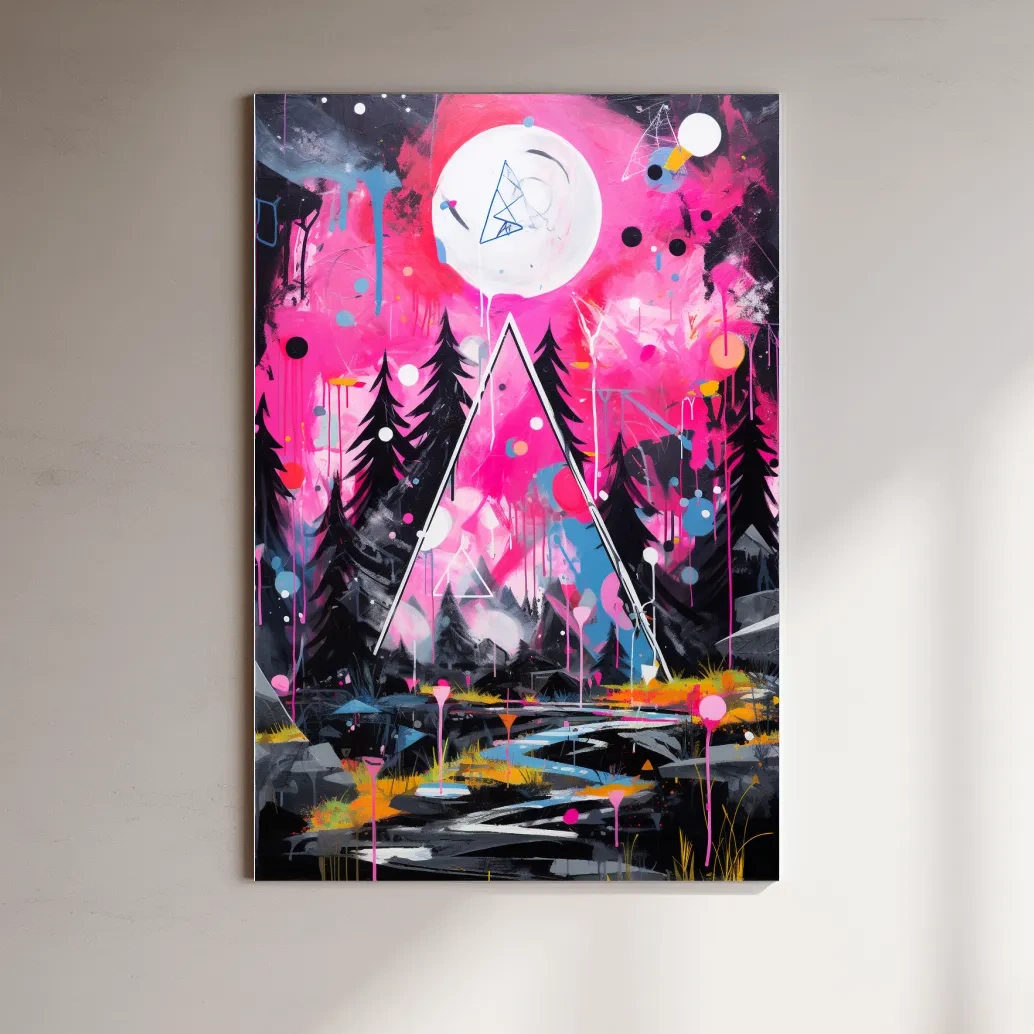 Pink and black abstract energetic art of a forest