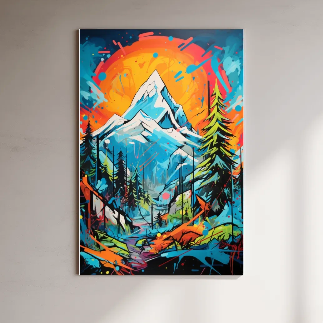 Graffitti inspired art of sunset over a glacier, vibrant wall art