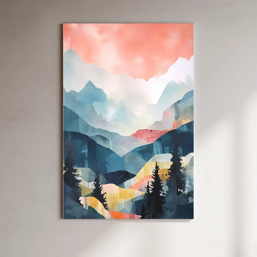 Abstract pastel painting - mountains and trees at sunset