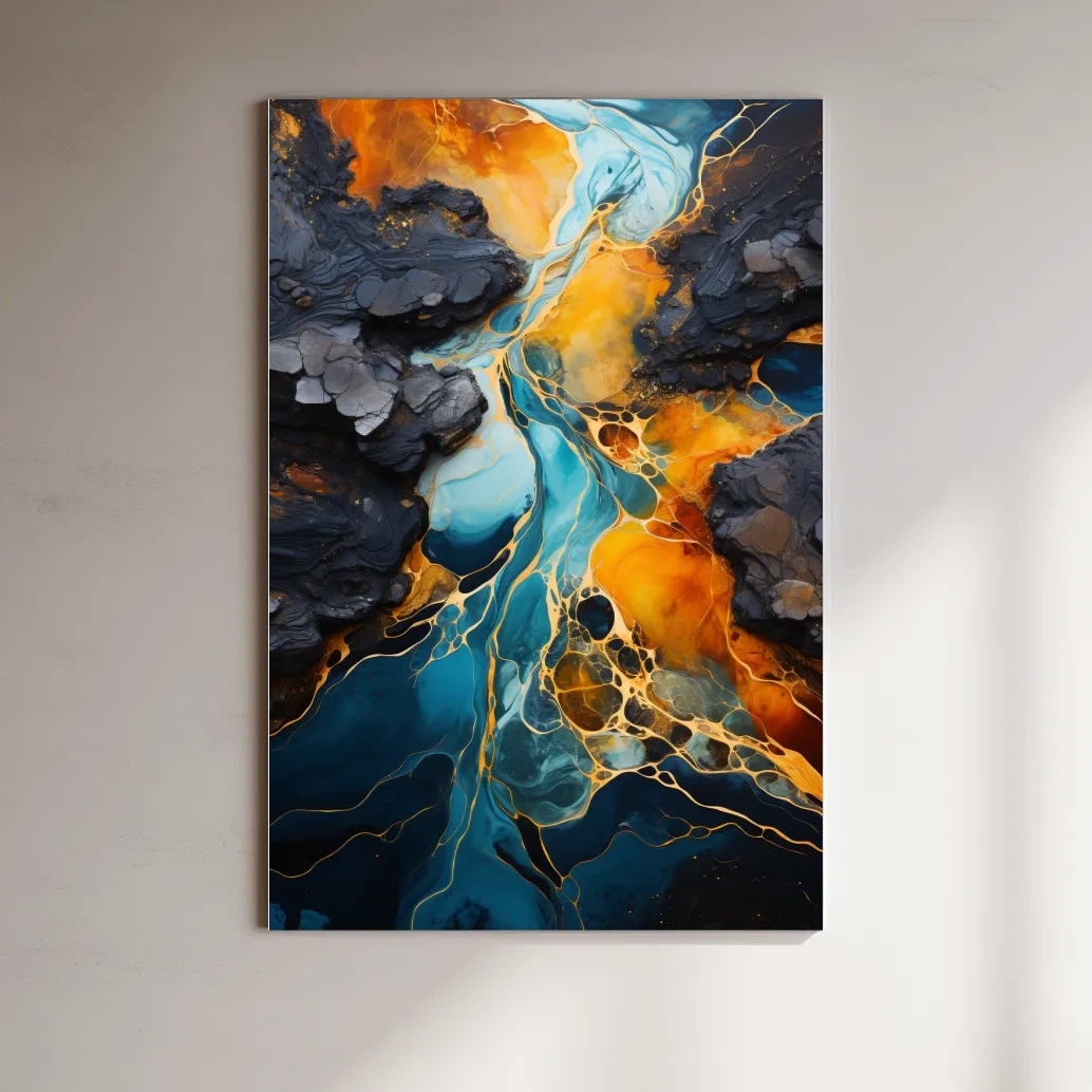 Elegant Gold And Teal Abstract Flowinf River - Alcohol Ink Style Wall Art