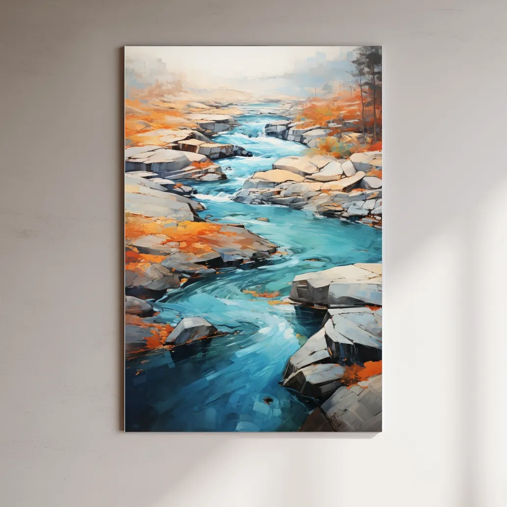 Vibrant Turquoise River Through Rocky Canyon - Modern Impressionist Landscape Wall Art