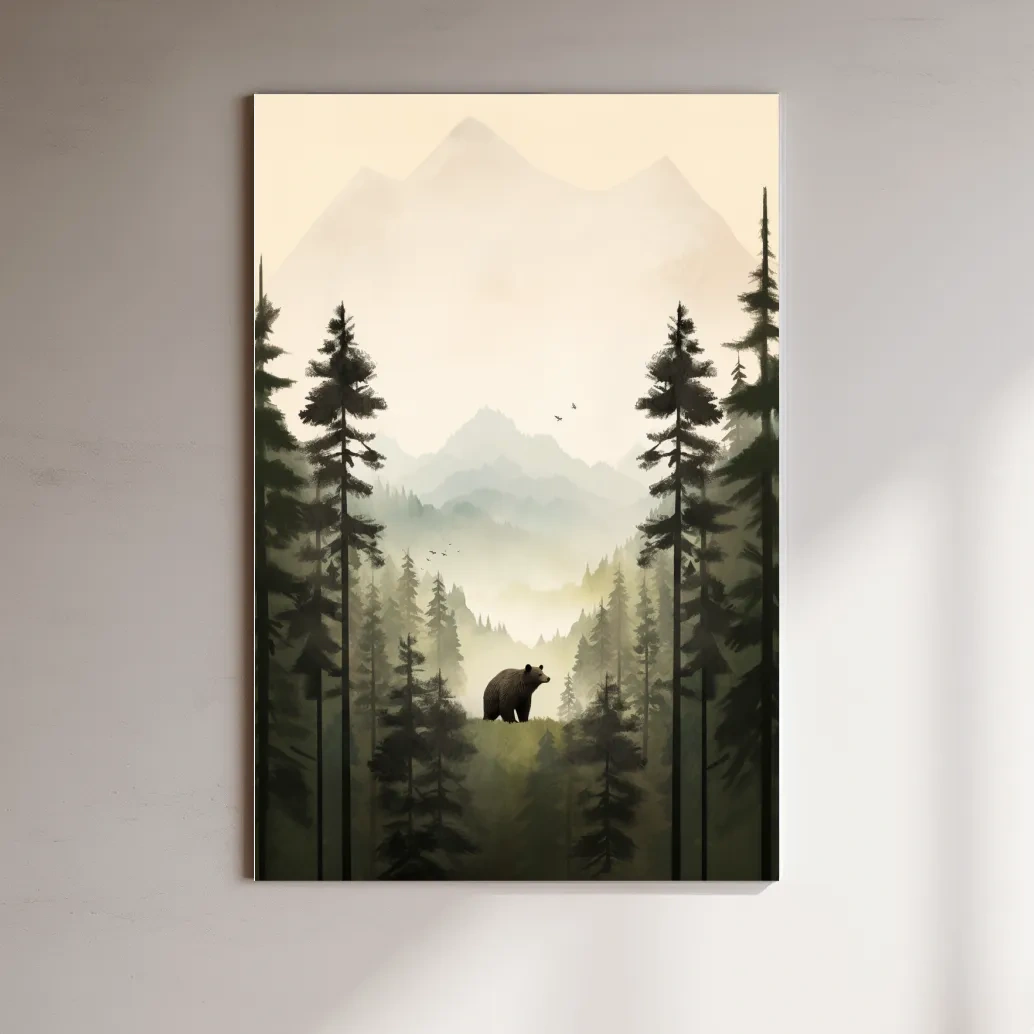 Misty Pine Forest Bear Illustration - Minimalist Wildlife Wall Art