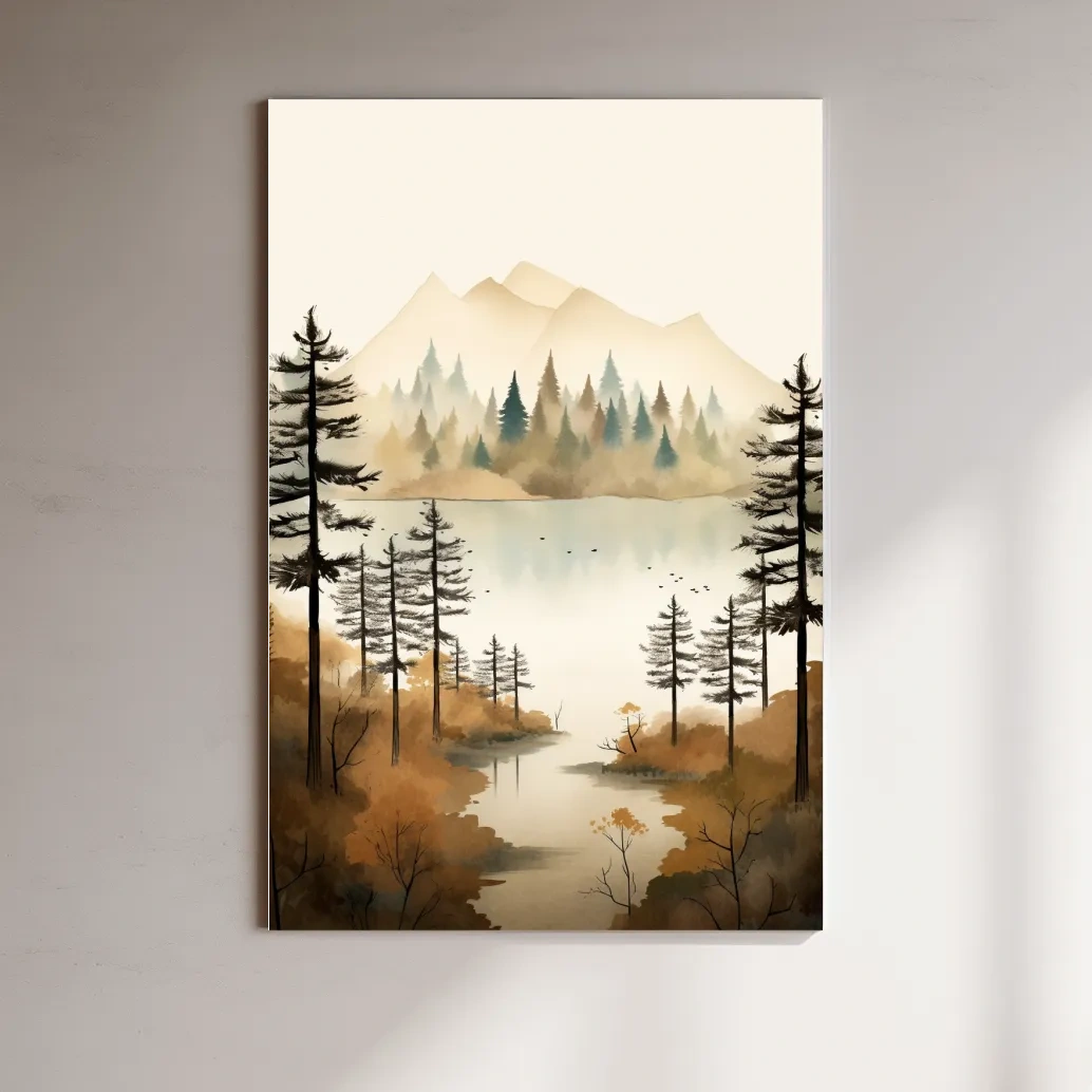 Watercolour landscape art, lakeside forest scenery in fall