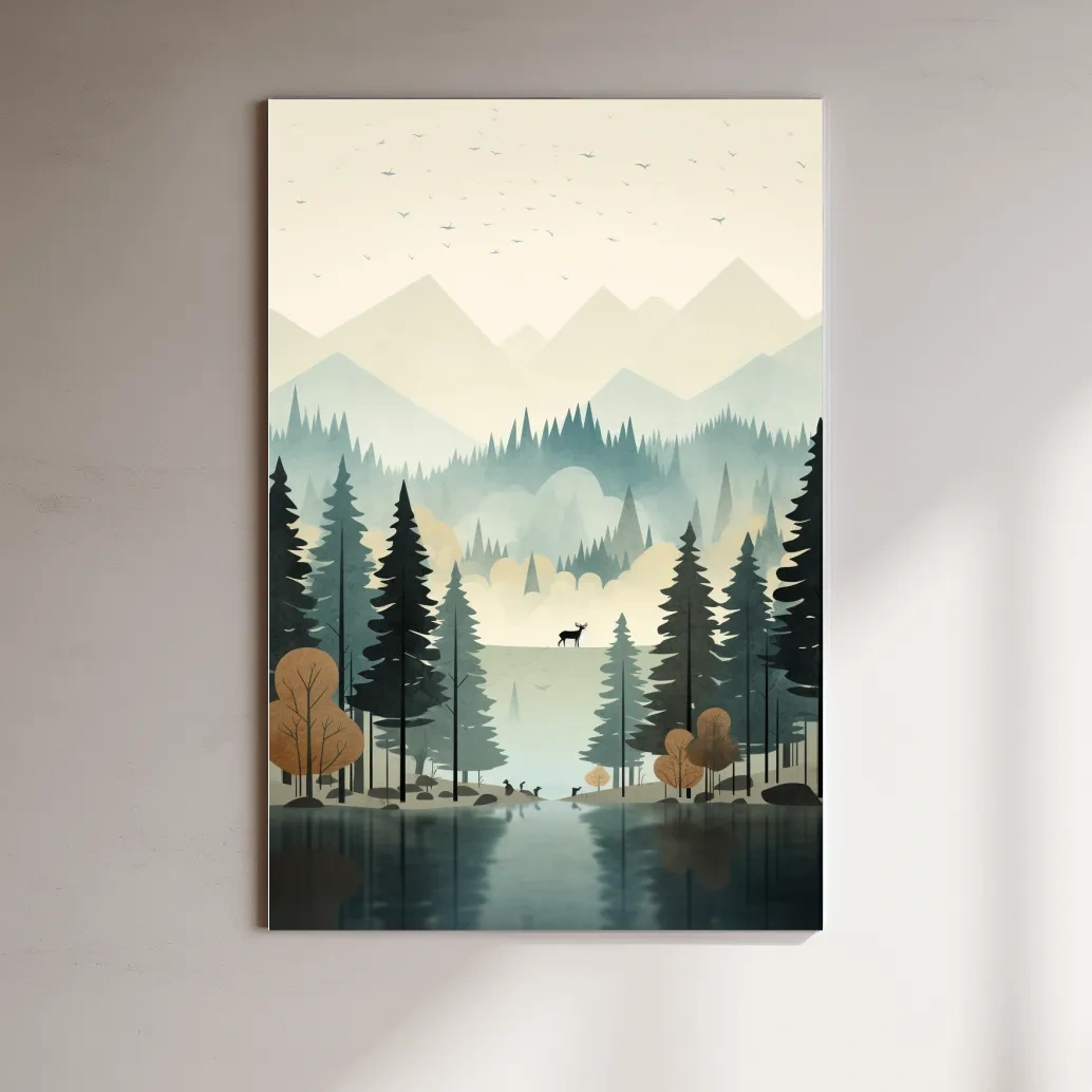 Mountain illustration, silhouette of a deer in a peaceful forest