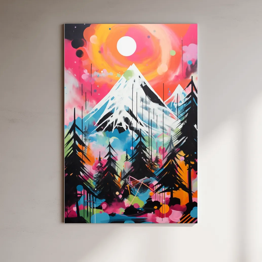 Vibrant Abstract Neon Mountain Glacier Sunset Painting - Colorful Alpine Wall Art