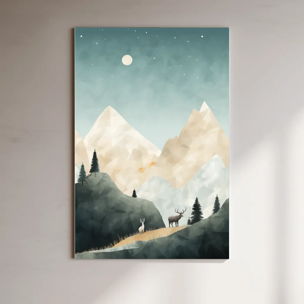 Textured minimal illustration, deers in the forest under the night sky