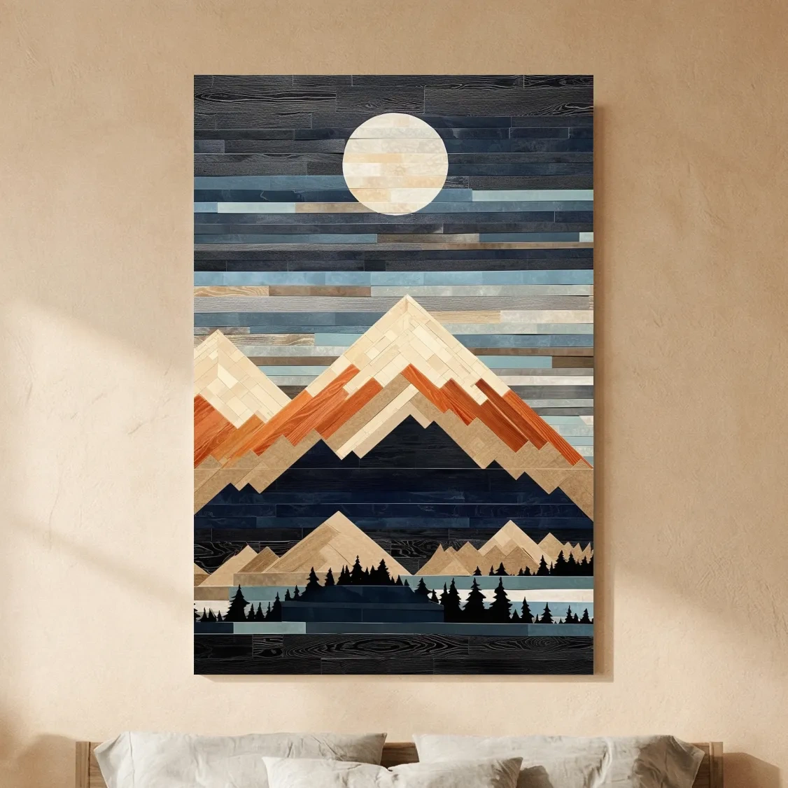 Geometric Wood Mosaic Mountain Range Under Full Moon - Modern Rustic Landscape Wall Art
