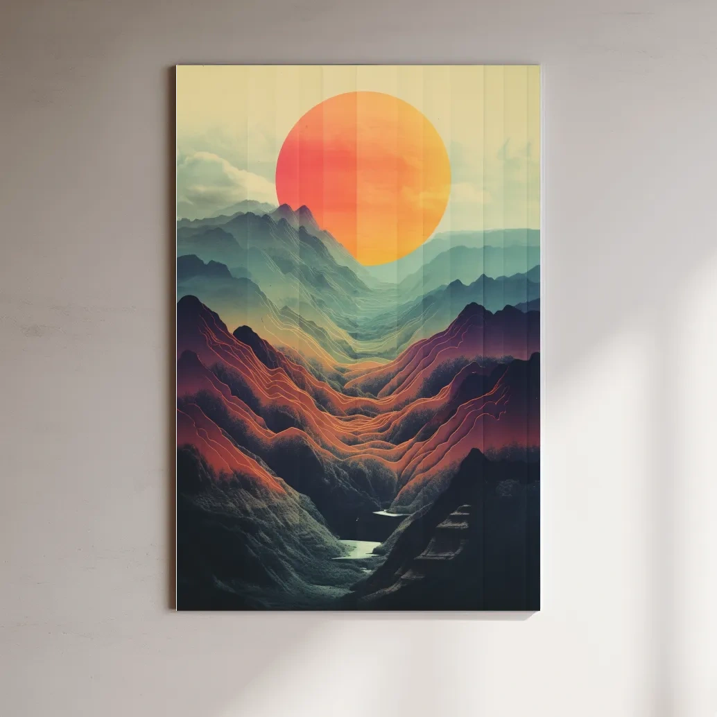 Illustrative art of a layered mountainous valley at sunset