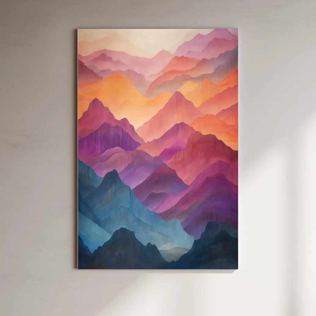 Vibrant colourful mountain range patterns, watercolour style illustration